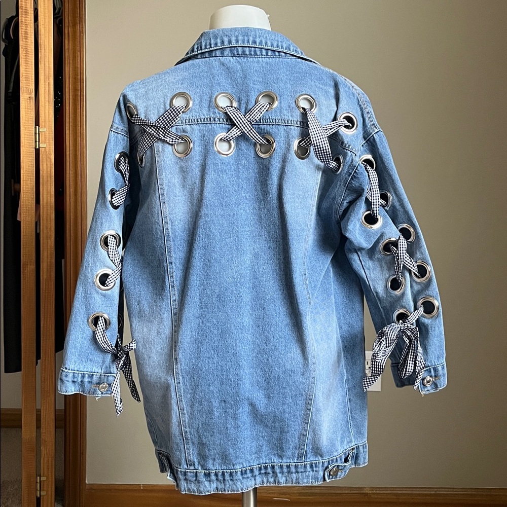 Grommet Gingham Ribbon Jean Jacket - Picture 4 of 6